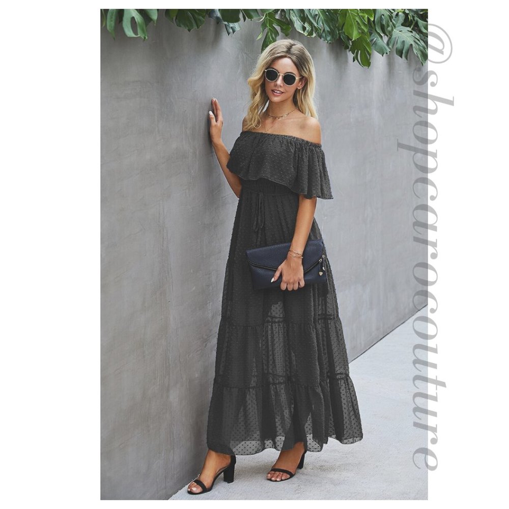 Off Shoulder Flowy Maxi Dress - BLACK